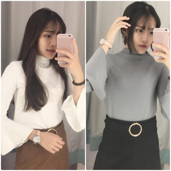 レディース　Tシャツ　ハイネック　フレアスリーブ　長袖　無地　シンプル　ロングTシャツ　ロンT　トップス　カジュアル　キュート　大人　可愛い　フェミニン　おしゃれ　お出かけ　普段着　デイリー　ブラック　グレー　カーキ　ホワイト　フリーサイズ　送料無料