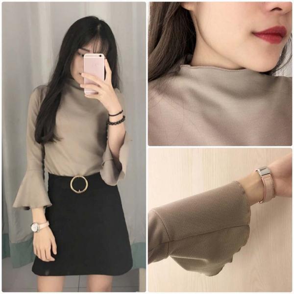 レディース　Tシャツ　ハイネック　フレアスリーブ　長袖　無地　シンプル　ロングTシャツ　ロンT　トップス　カジュアル　キュート　大人　可愛い　フェミニン　おしゃれ　お出かけ　普段着　デイリー　ブラック　グレー　カーキ　ホワイト　フリーサイズ　送料無料