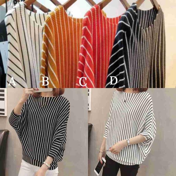 レディース　ラウンドネック　セーター　七分袖　ニット　ストライプ柄　ゆったり　トップス　カジュアル　キュート　大人　可愛い　フェミニン　おしゃれ　お出かけ　オフィス　デイリー　普段着　ホワイト　レッド　ブラック　イエロー　フリーサイズ　送料無料