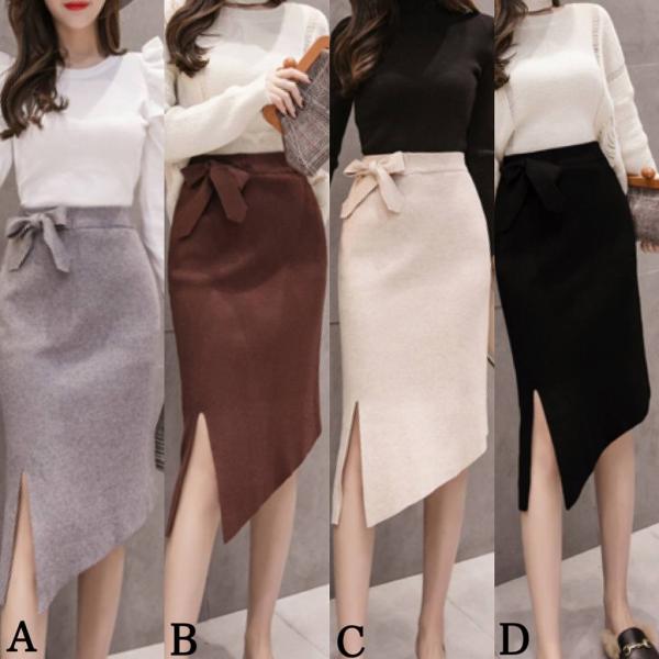 レディース　スカート　ニット　ハイウエスト　ミディ丈　ミモレ丈　スリット　アシンメトリー　スリム　タイト　秋　冬　ボトムス　大人　可愛い　フェミニン　きれいめ　おしゃれ　お出かけ　二次会　お呼ばれ　ブラック　ブラウン　グレー　ベージュ　送料無料