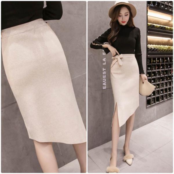 レディース　スカート　ニット　ハイウエスト　ミディ丈　ミモレ丈　スリット　アシンメトリー　スリム　タイト　秋　冬　ボトムス　大人　可愛い　フェミニン　きれいめ　おしゃれ　お出かけ　二次会　お呼ばれ　ブラック　ブラウン　グレー　ベージュ　送料無料