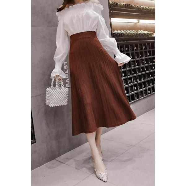 レディース　ニット　スカート　ハイウエスト　ミモレ丈　フレアスカート　秋　冬　ボトムス　カジュアル　キュート　大人　可愛い　フェミニン　きれいめ　おしゃれ　お出かけ　デイリー　二次会　お呼ばれ　ブラック　ベージュ　ブラウン　フリーサイズ　送料無料