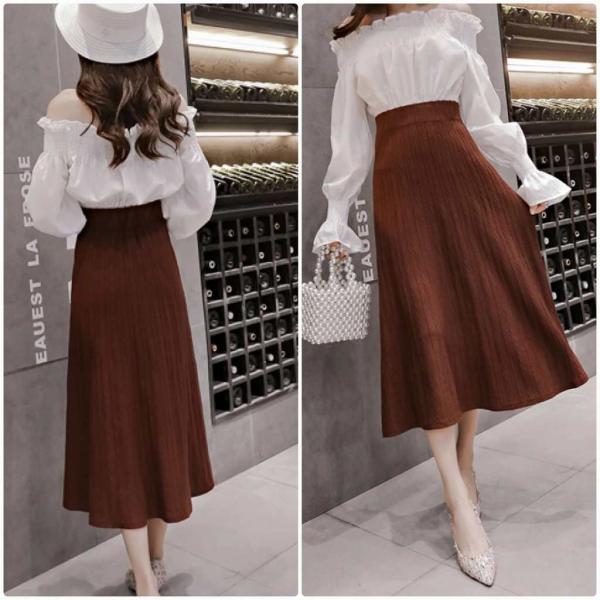 レディース　ニット　スカート　ハイウエスト　ミモレ丈　フレアスカート　秋　冬　ボトムス　カジュアル　キュート　大人　可愛い　フェミニン　きれいめ　おしゃれ　お出かけ　デイリー　二次会　お呼ばれ　ブラック　ベージュ　ブラウン　フリーサイズ　送料無料