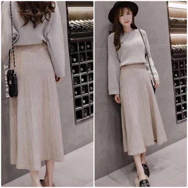 レディース　ニット　スカート　ハイウエスト　ミモレ丈　フレアスカート　秋　冬　ボトムス　カジュアル　キュート　大人　可愛い　フェミニン　きれいめ　おしゃれ　お出かけ　デイリー　二次会　お呼ばれ　ブラック　ベージュ　ブラウン　フリーサイズ　送料無料