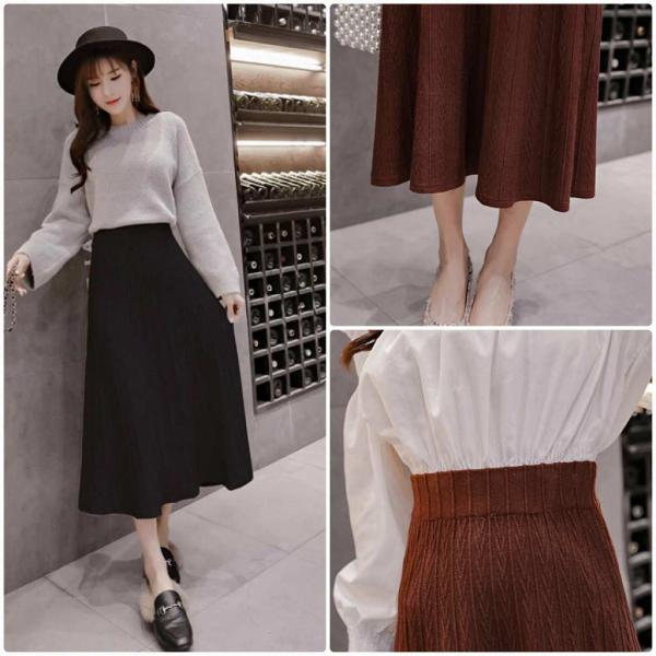 レディース　ニット　スカート　ハイウエスト　ミモレ丈　フレアスカート　秋　冬　ボトムス　カジュアル　キュート　大人　可愛い　フェミニン　きれいめ　おしゃれ　お出かけ　デイリー　二次会　お呼ばれ　ブラック　ベージュ　ブラウン　フリーサイズ　送料無料