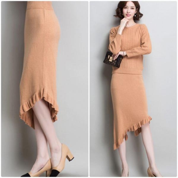 レディース　2点セット　ニット　セーター　長袖　フィッシュテールスカート　アシンメトリー　カジュアル　キュート　可愛い　フェミニン　きれいめ　上品　エレガント　おしゃれ　お出かけ　お呼ばれ　パープル　グレー　カーキ　ネイビー　M　L　サイズ　送料無料
