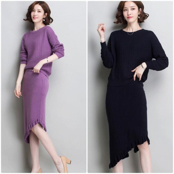 レディース　2点セット　ニット　セーター　長袖　フィッシュテールスカート　アシンメトリー　カジュアル　キュート　可愛い　フェミニン　きれいめ　上品　エレガント　おしゃれ　お出かけ　お呼ばれ　パープル　グレー　カーキ　ネイビー　M　L　サイズ　送料無料