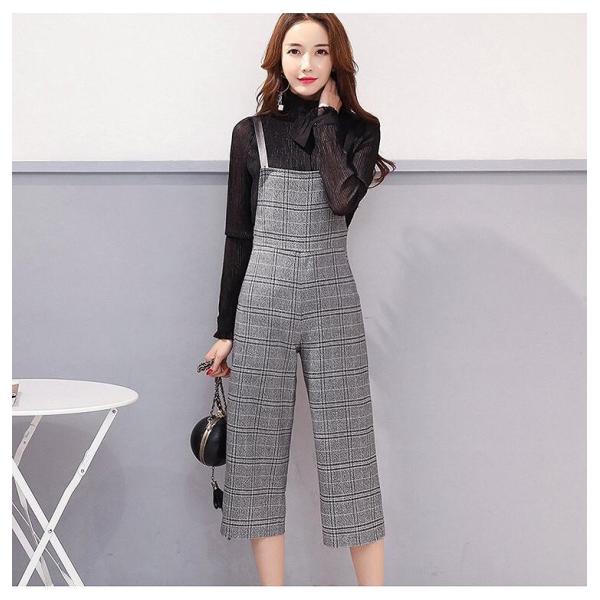 レディース　サロペット　クロップドパンツ　半端丈　チェック柄　オールインワン　オーバーオール　ボトムス　カジュアル　キュート　可愛い　フェミニン　おしゃれ　お出かけ　デイリー　普段着　秋　冬　ブラウン　グレー　M　L　XL　サイズ　送料無料
