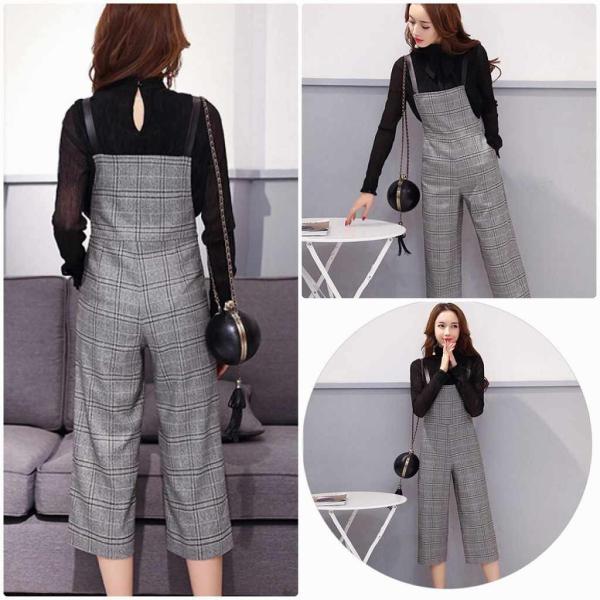 レディース　サロペット　クロップドパンツ　半端丈　チェック柄　オールインワン　オーバーオール　ボトムス　カジュアル　キュート　可愛い　フェミニン　おしゃれ　お出かけ　デイリー　普段着　秋　冬　ブラウン　グレー　M　L　XL　サイズ　送料無料