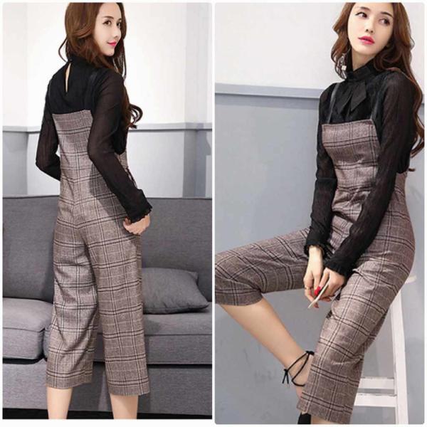 レディース　サロペット　クロップドパンツ　半端丈　チェック柄　オールインワン　オーバーオール　ボトムス　カジュアル　キュート　可愛い　フェミニン　おしゃれ　お出かけ　デイリー　普段着　秋　冬　ブラウン　グレー　M　L　XL　サイズ　送料無料