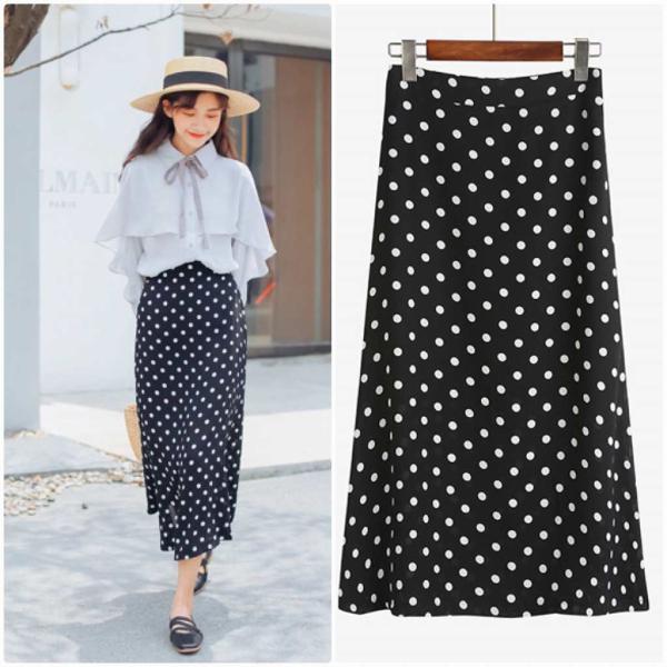 レディース　スカート　ハイウエスト　ミモレ丈　ドット　水玉　秋　冬　ボトムス　カジュアル　キュート　大人　可愛い　フェミニン　きれいめ　おしゃれ　お出かけ　デイリー　二次会　お呼ばれ　S　M　サイズ　送料無料