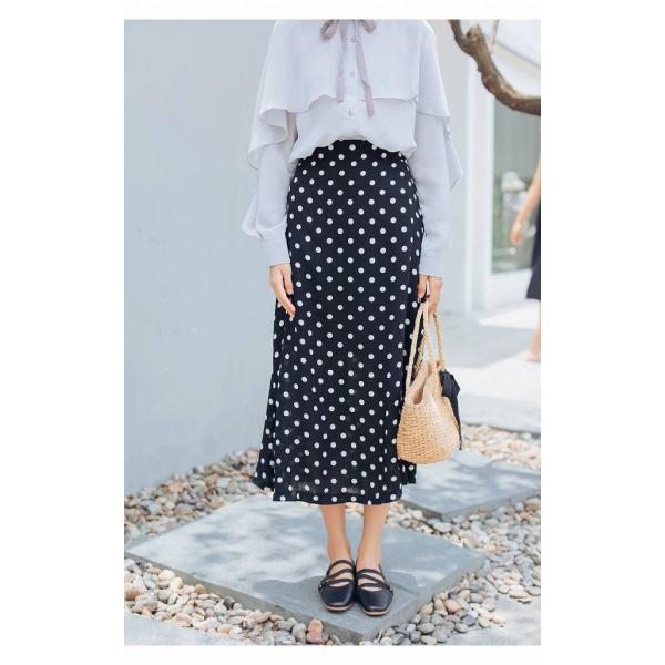 レディース　スカート　ハイウエスト　ミモレ丈　ドット　水玉　秋　冬　ボトムス　カジュアル　キュート　大人　可愛い　フェミニン　きれいめ　おしゃれ　お出かけ　デイリー　二次会　お呼ばれ　S　M　サイズ　送料無料