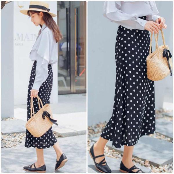 レディース　スカート　ハイウエスト　ミモレ丈　ドット　水玉　秋　冬　ボトムス　カジュアル　キュート　大人　可愛い　フェミニン　きれいめ　おしゃれ　お出かけ　デイリー　二次会　お呼ばれ　S　M　サイズ　送料無料