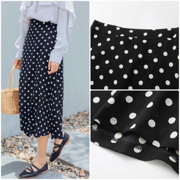 レディース　スカート　ハイウエスト　ミモレ丈　ドット　水玉　秋　冬　ボトムス　カジュアル　キュート　大人　可愛い　フェミニン　きれいめ　おしゃれ　お出かけ　デイリー　二次会　お呼ばれ　S　M　サイズ　送料無料