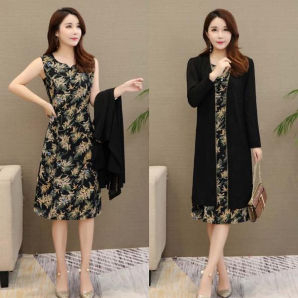 レディース　2点セット　ワンピース　ジャケット　羽織　ノースリーブ　長袖　ボタニカル柄　カジュアル　キュート　可愛い　フェミニン　きれいめ　上品　エレガント　おしゃれ　お出かけ　デイリー　お呼ばれ　ブラック　L　XL　2XL　3XL　4XL　大きいサイズ　送料無料