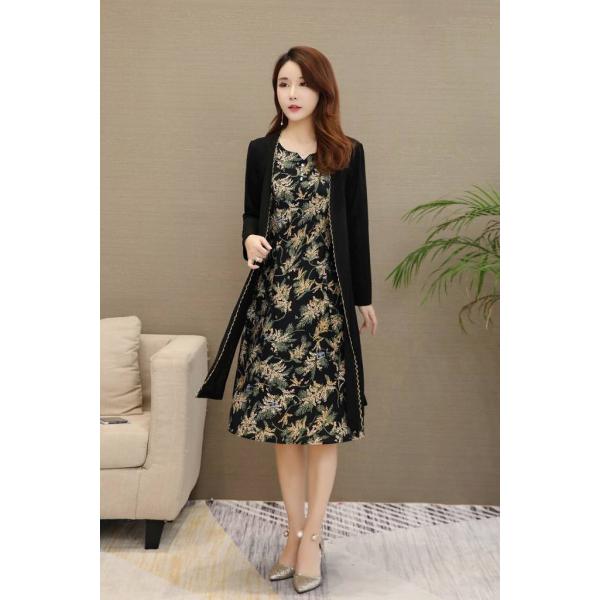 レディース　2点セット　ワンピース　ジャケット　羽織　ノースリーブ　長袖　ボタニカル柄　カジュアル　キュート　可愛い　フェミニン　きれいめ　上品　エレガント　おしゃれ　お出かけ　デイリー　お呼ばれ　ブラック　L　XL　2XL　3XL　4XL　大きいサイズ　送料無料