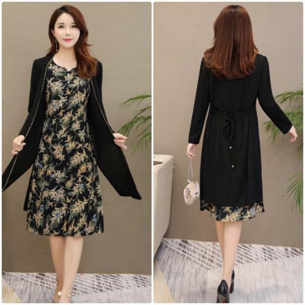 レディース　2点セット　ワンピース　ジャケット　羽織　ノースリーブ　長袖　ボタニカル柄　カジュアル　キュート　可愛い　フェミニン　きれいめ　上品　エレガント　おしゃれ　お出かけ　デイリー　お呼ばれ　ブラック　L　XL　2XL　3XL　4XL　大きいサイズ　送料無料