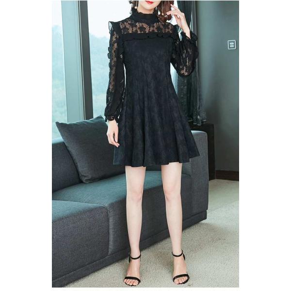 レディース　ワンピース　レース　透け素材　透け感　フレア　ハイウエスト　ミニ丈　カジュアル　キュート　可愛い　フェミニン　きれいめ　上品　エレガント　おしゃれ　お出かけ　お呼ばれ　ブラック　S　M　L　XL　2XL　3XL　大きいサイズ　送料無料