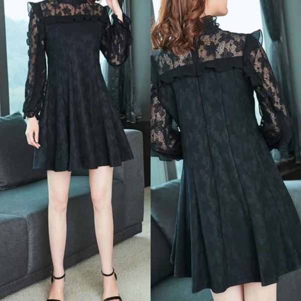 レディース　ワンピース　レース　透け素材　透け感　フレア　ハイウエスト　ミニ丈　カジュアル　キュート　可愛い　フェミニン　きれいめ　上品　エレガント　おしゃれ　お出かけ　お呼ばれ　ブラック　S　M　L　XL　2XL　3XL　大きいサイズ　送料無料