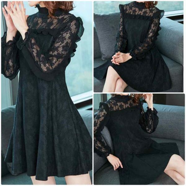 レディース　ワンピース　レース　透け素材　透け感　フレア　ハイウエスト　ミニ丈　カジュアル　キュート　可愛い　フェミニン　きれいめ　上品　エレガント　おしゃれ　お出かけ　お呼ばれ　ブラック　S　M　L　XL　2XL　3XL　大きいサイズ　送料無料