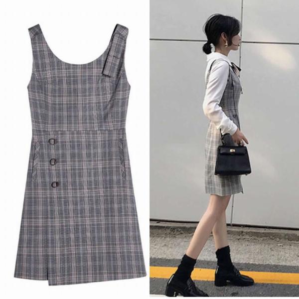 レディース　ワンピース　チェック柄　ハイウエスト　ミニ丈　ノースリーブ　カジュアル　キュート　可愛い　フェミニン　きれいめ　上品　エレガント　おしゃれ　お出かけ　お呼ばれ　グレー　XS　S　M　L　サイズ　送料無料