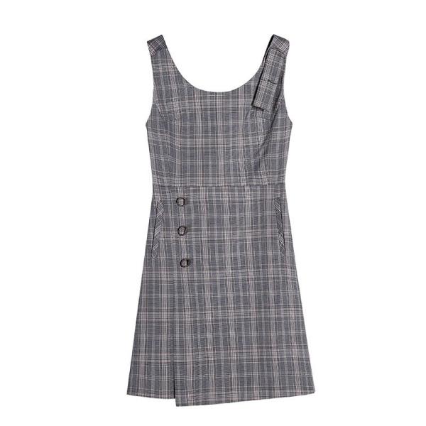 レディース　ワンピース　チェック柄　ハイウエスト　ミニ丈　ノースリーブ　カジュアル　キュート　可愛い　フェミニン　きれいめ　上品　エレガント　おしゃれ　お出かけ　お呼ばれ　グレー　XS　S　M　L　サイズ　送料無料