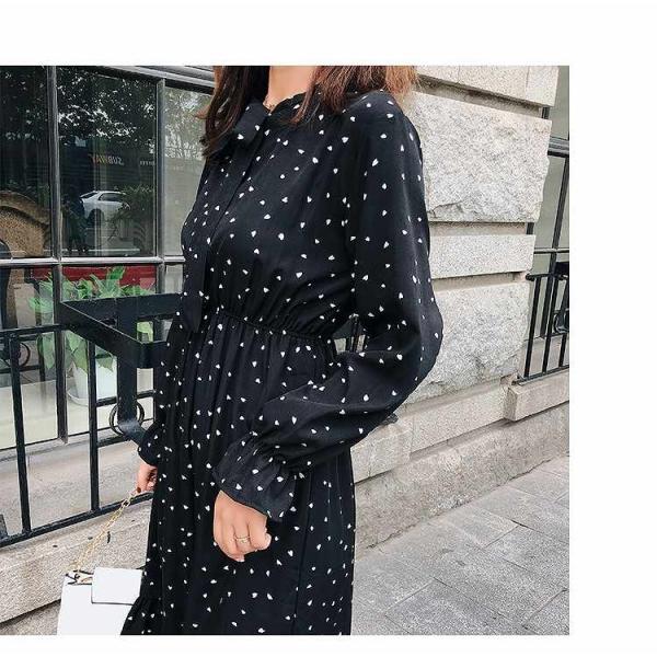 レディース ワンピース ハイウエスト ミモレ丈 フレア ドット 長袖 レッド ブラック ホワイト イエロー フリーサイズ ワンサイズ 送料無料