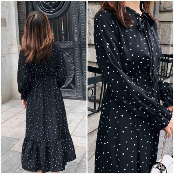 レディース ワンピース ハイウエスト ミモレ丈 フレア ドット 長袖 レッド ブラック ホワイト イエロー フリーサイズ ワンサイズ 送料無料