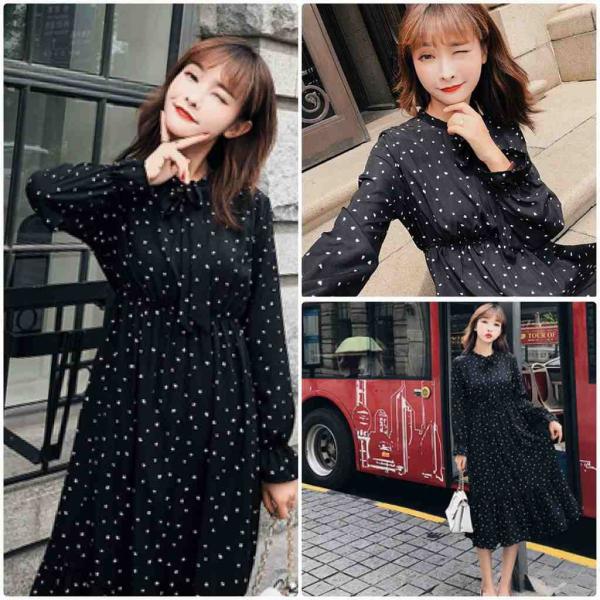 レディース ワンピース ハイウエスト ミモレ丈 フレア ドット 長袖 レッド ブラック ホワイト イエロー フリーサイズ ワンサイズ 送料無料