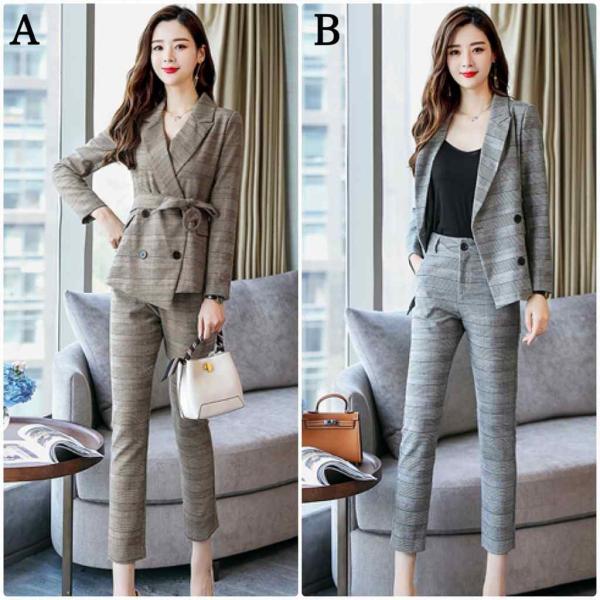 レディース 2点セット パンツスーツ ジャケット 腰紐 クロップドパンツ 半端丈 長袖 グレーブラウン M L XL 2XL 大きいサイズ 送料無料
