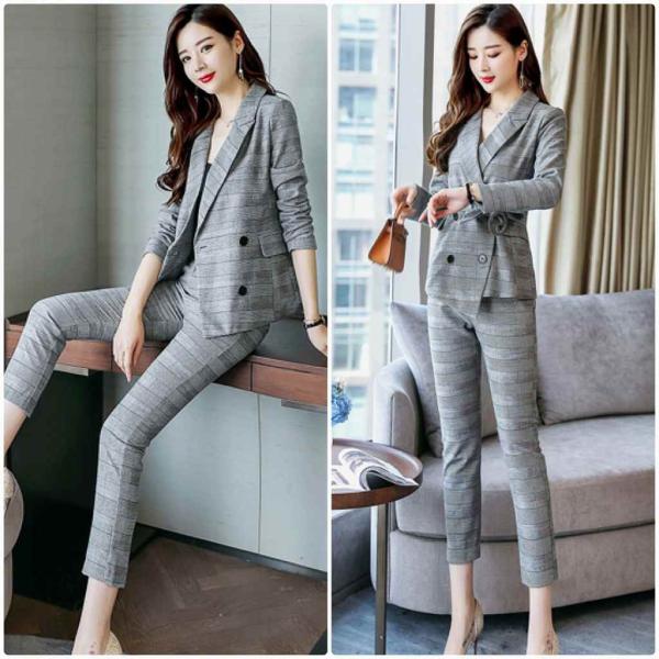 レディース 2点セット パンツスーツ ジャケット 腰紐 クロップドパンツ 半端丈 長袖 グレーブラウン M L XL 2XL 大きいサイズ 送料無料