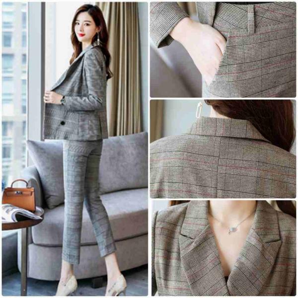 レディース 2点セット パンツスーツ ジャケット 腰紐 クロップドパンツ 半端丈 長袖 グレーブラウン M L XL 2XL 大きいサイズ 送料無料