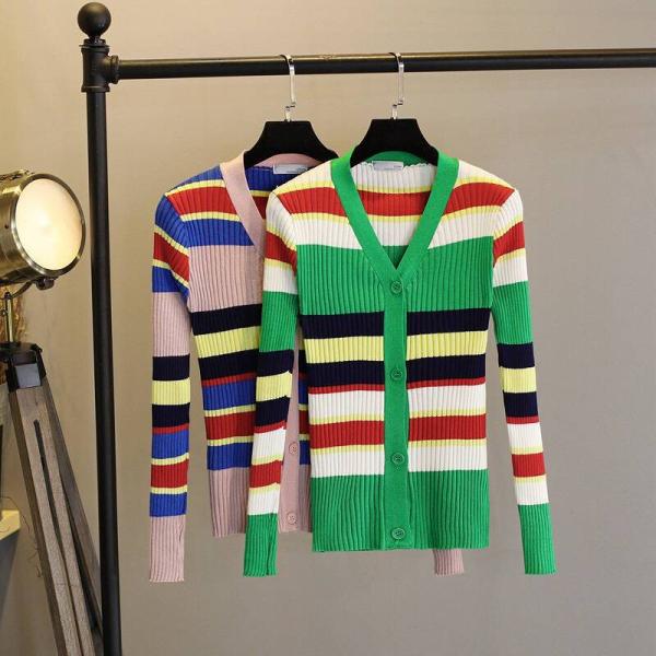 レディース カーディガン Vネック ボーダー ニット セーター スリム タイト 羽織 長袖 グリーン ピンク S M L XL サイズ 送料無料