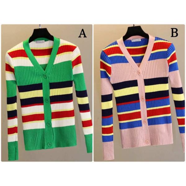 レディース カーディガン Vネック ボーダー ニット セーター スリム タイト 羽織 長袖 グリーン ピンク S M L XL サイズ 送料無料