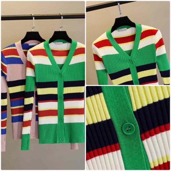 レディース カーディガン Vネック ボーダー ニット セーター スリム タイト 羽織 長袖 グリーン ピンク S M L XL サイズ 送料無料