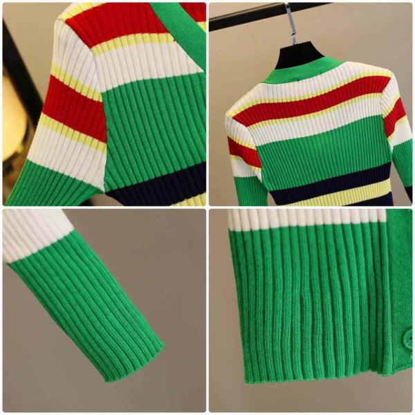 レディース カーディガン Vネック ボーダー ニット セーター スリム タイト 羽織 長袖 グリーン ピンク S M L XL サイズ 送料無料
