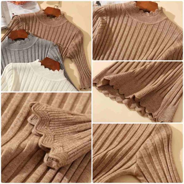 レディース ニット セーター ハイネック 七分袖 グレー ブラック グリーン ホワイト レッド ベージュ ブラウン フリーサイズ 送料無料