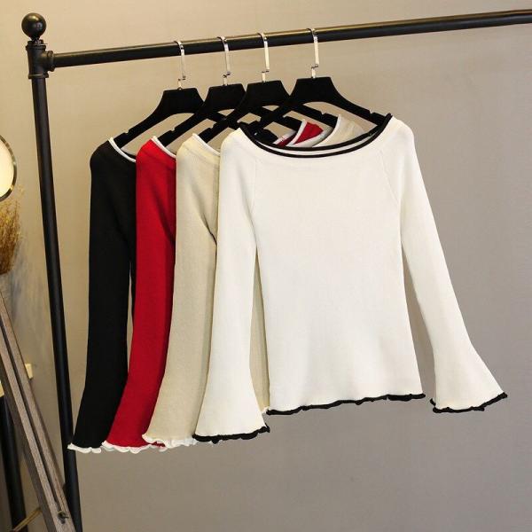 レディース ニット セーター ラウンドネック フレアスリーブ 長袖 トップス ブラック ベージュ レッド ホワイト フリーサイズ 送料無料