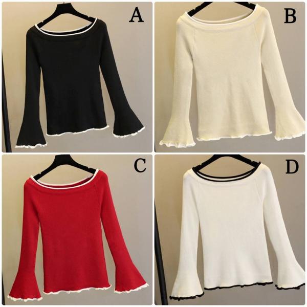 レディース ニット セーター ラウンドネック フレアスリーブ 長袖 トップス ブラック ベージュ レッド ホワイト フリーサイズ 送料無料