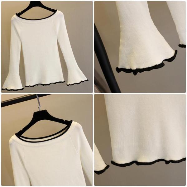 レディース ニット セーター ラウンドネック フレアスリーブ 長袖 トップス ブラック ベージュ レッド ホワイト フリーサイズ 送料無料