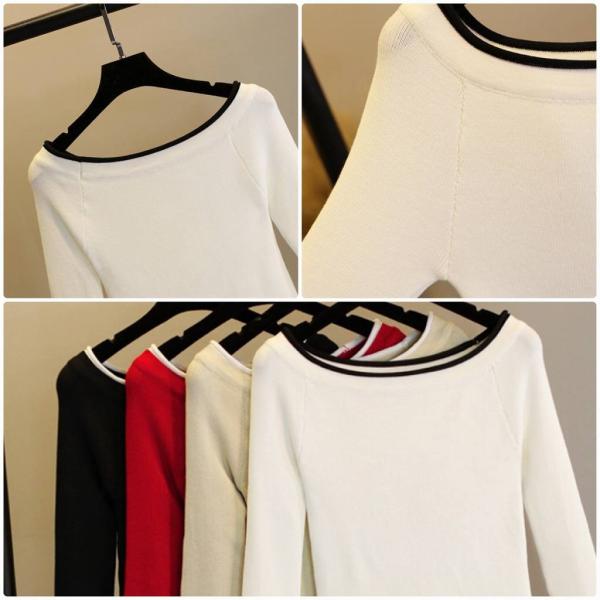 レディース ニット セーター ラウンドネック フレアスリーブ 長袖 トップス ブラック ベージュ レッド ホワイト フリーサイズ 送料無料