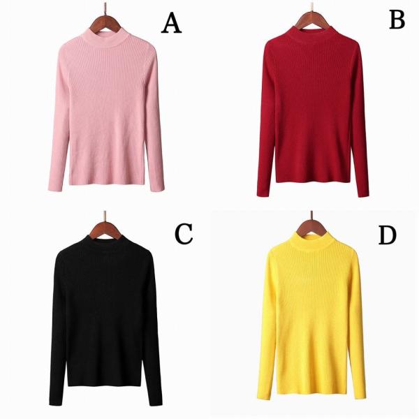 レディース ニット セーター ハイネック シンプル スリム タイト 長袖 トップスピンク レッド ブラック イエロー ホワイト グリーン 送料無料