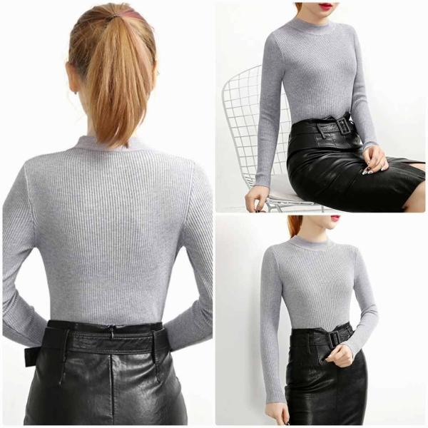 レディース ニット セーター ハイネック シンプル スリム タイト 長袖 トップスピンク レッド ブラック イエロー ホワイト グリーン 送料無料