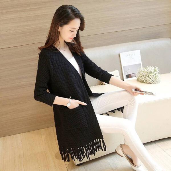 レディース トップス ロング カーディガン ニット 長袖 ポケット付き 無地 ベージュ ホワイト ピンク ブラック グレー フリーサイズ 送料無料