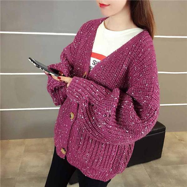 レディース トップス カーディガン ニット ルーズ 長袖 ゆったり 無地 ベージュ パープル グリーン ブラック レッド フリーサイズ 送料無料