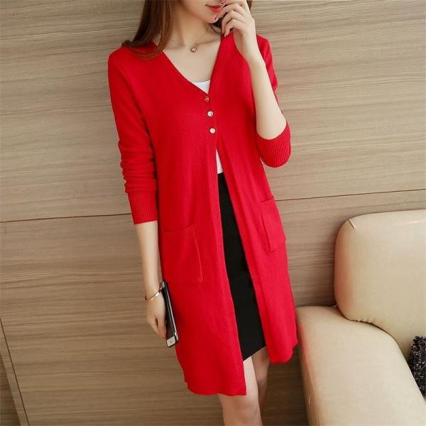 レディース ロング カーディガン ニット 長袖 ポケット付き 無地 グレーレッド パープル ベージュ ワインレッド ブラック フリーサイズ 送料無料