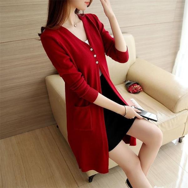 レディース ロング カーディガン ニット 長袖 ポケット付き 無地 グレーレッド パープル ベージュ ワインレッド ブラック フリーサイズ 送料無料