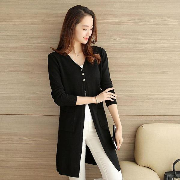 レディース ロング カーディガン ニット 長袖 ポケット付き 無地 グレーレッド パープル ベージュ ワインレッド ブラック フリーサイズ 送料無料