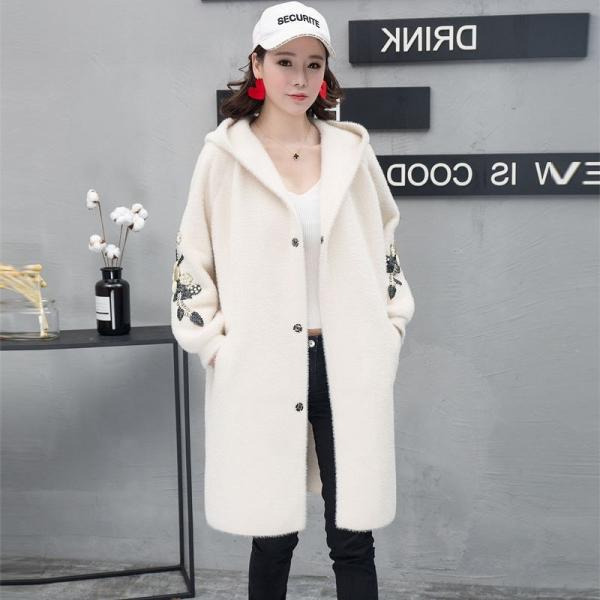 レディース アウター フード付き コート ミディ丈 刺繍 カジュアル 大人可愛い ホワイト ブラック ブラウン フリーサイズ 送料無料