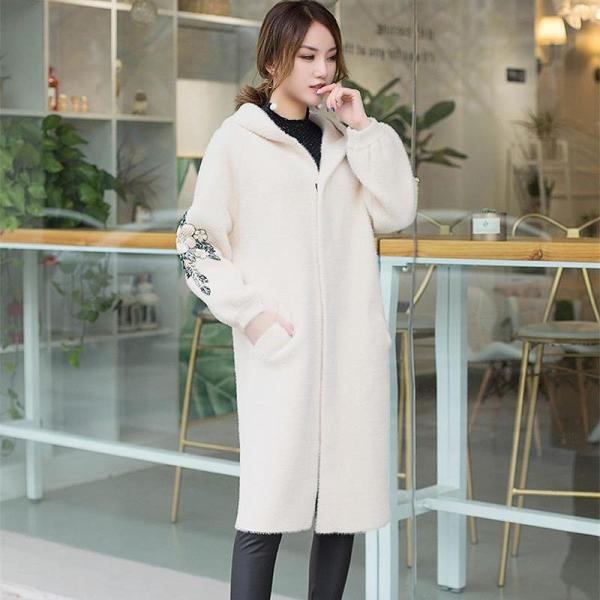 レディース アウター フード付き コート ミディ丈 刺繍 カジュアル 大人可愛い ホワイト ブラック ブラウン フリーサイズ 送料無料